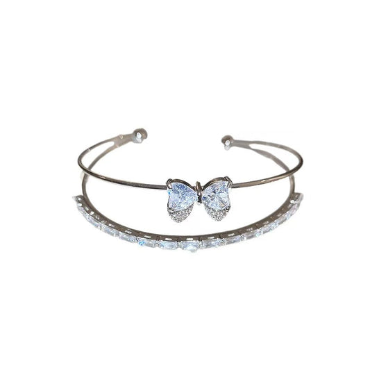 Bangle|Double Layer Butterfly Cuff Bangle | Sparkling Open Bracelet for Women
