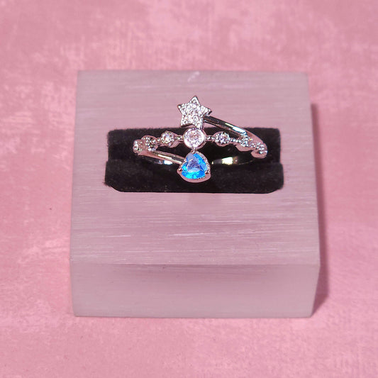 Ring|Celestial Blue Heart Open Ring | Star Ring | Heart CZ Ring