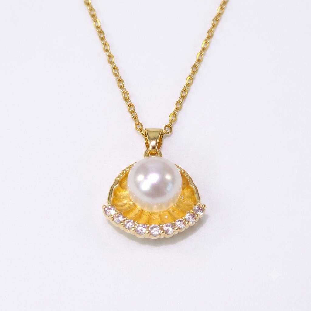 Necklace｜Golden Oyster Pearl Pendant Necklace | CZ Seashell Statement Charm