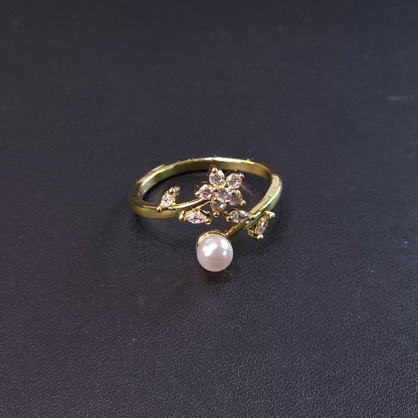 Ring｜Blossom Pearl Open Ring – Floral CZ Adjustable Statement Ring | Pearl Flower Jewelry