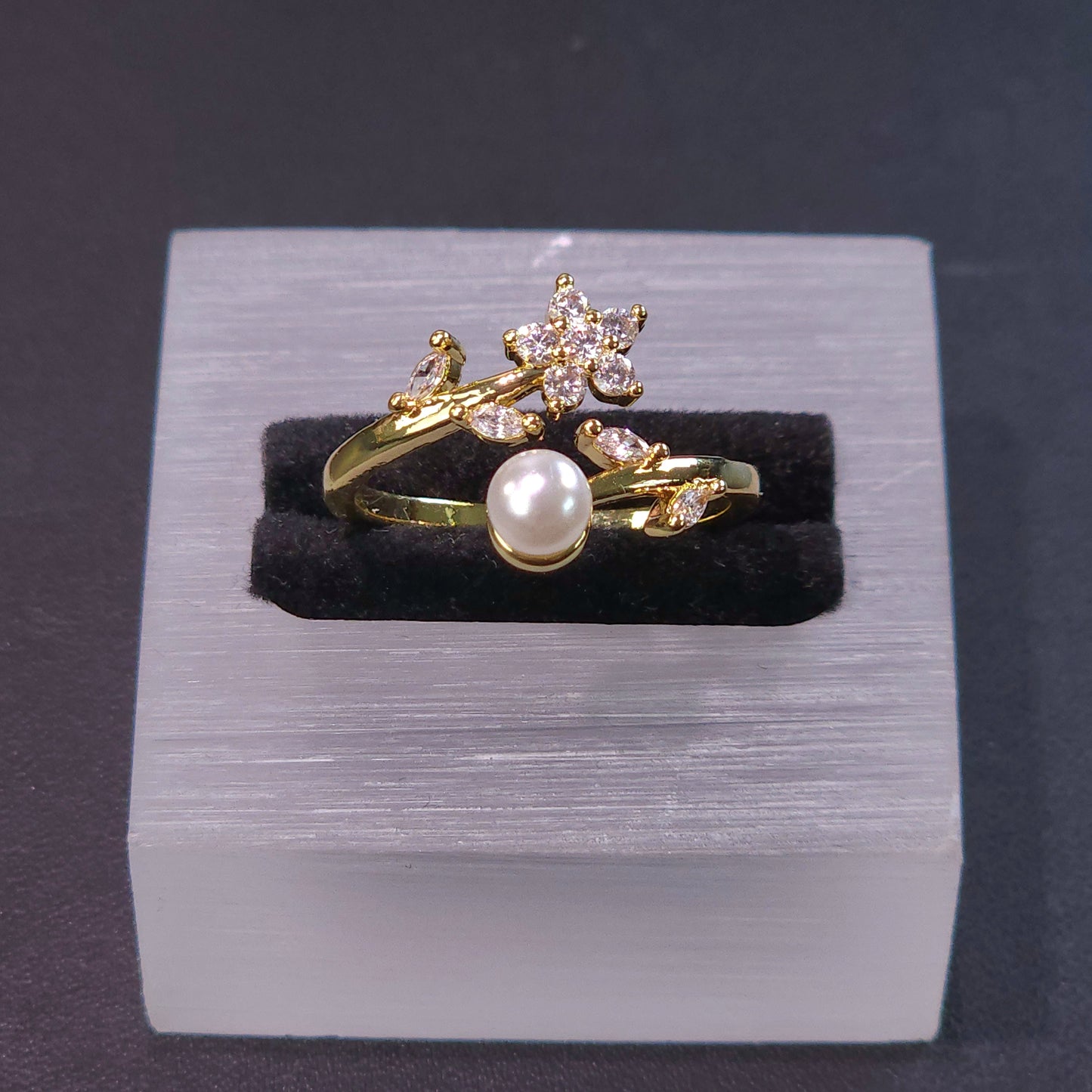 Ring｜Blossom Pearl Open Ring – Floral CZ Adjustable Statement Ring | Pearl Flower Jewelry