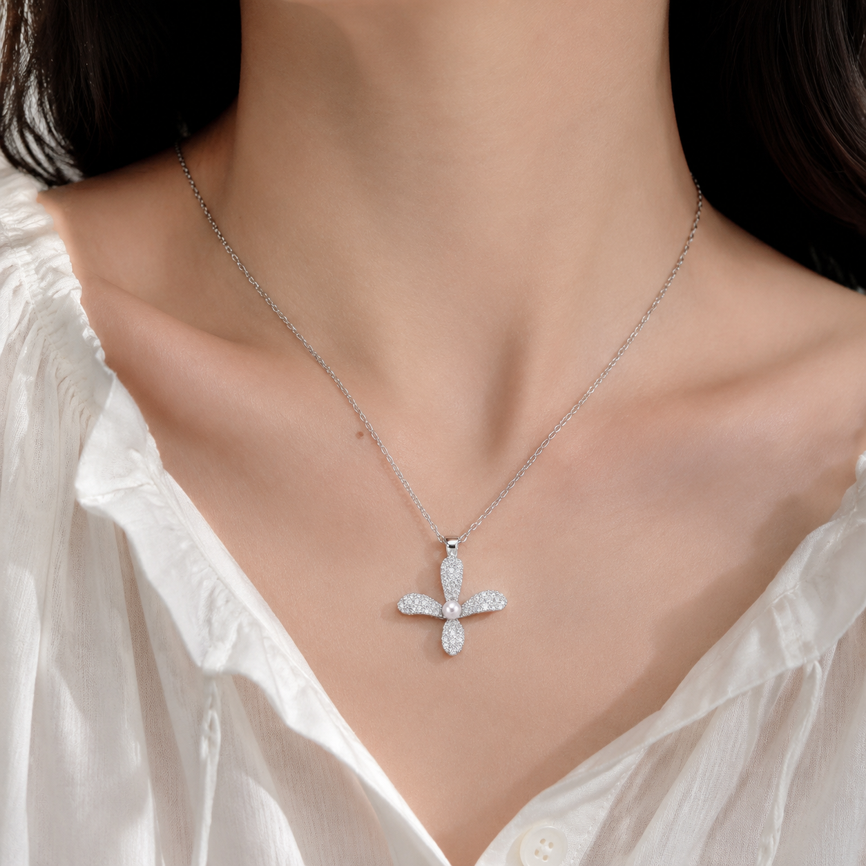Necklace｜Silver Bloom Pearl Pendant Necklace | Sparkling CZ Floral Charm