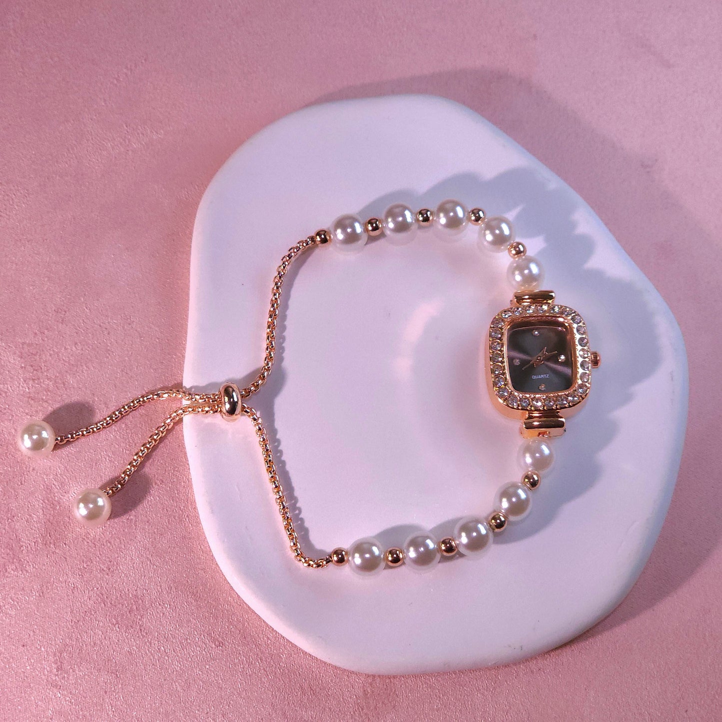 Watch|Elegant Pearl Drawstring Bracelet Watch for Women | Adjustable Bolo Chain Cushion Face | Multi-color Options