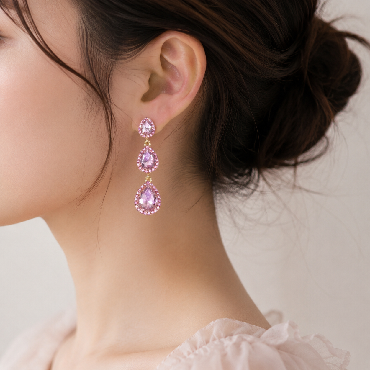 Earrings｜Blush Cascade Triple Pear Drop Earrings | Statement Earrings | Evening Jewelry
