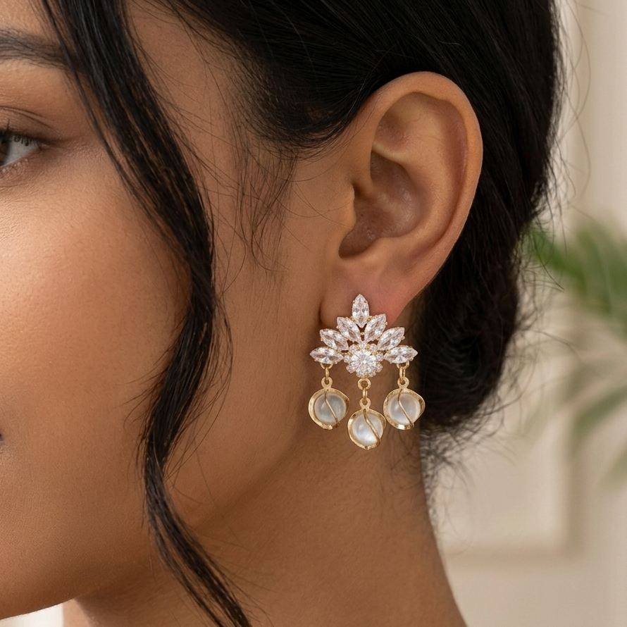 Earrings｜Celestial Bloom Cat's Eye Drop Earrings | Floral Statement | Luxury Jewelry