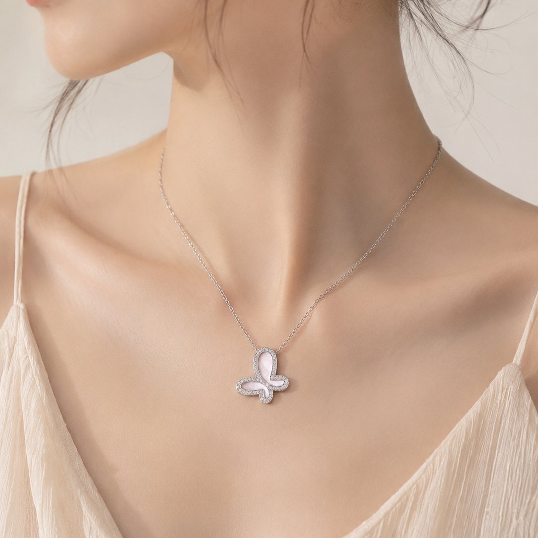 Necklace｜Elegant Butterfly Mother of Pearl Pendant Necklace with CZ Accent