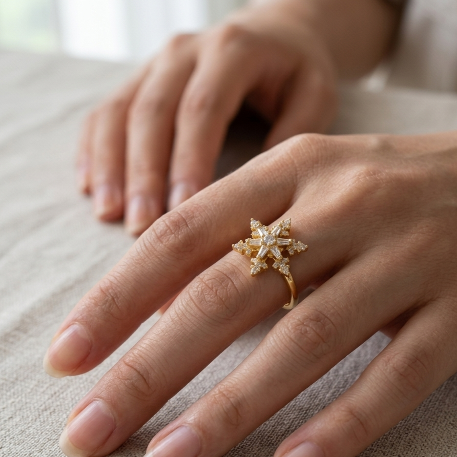 Ring｜Celestial Snowflake Spinner Open Ring | Adjustable Ring | Statement Jewelry