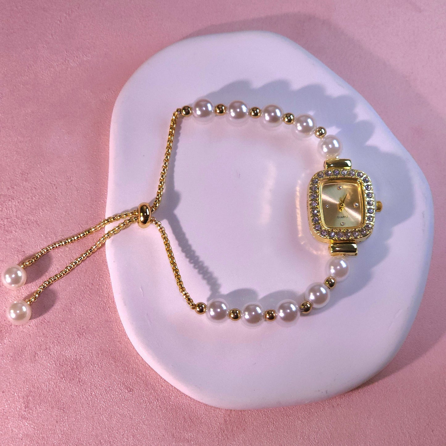 Watch|Elegant Pearl Drawstring Bracelet Watch for Women | Adjustable Bolo Chain Cushion Face | Multi-color Options